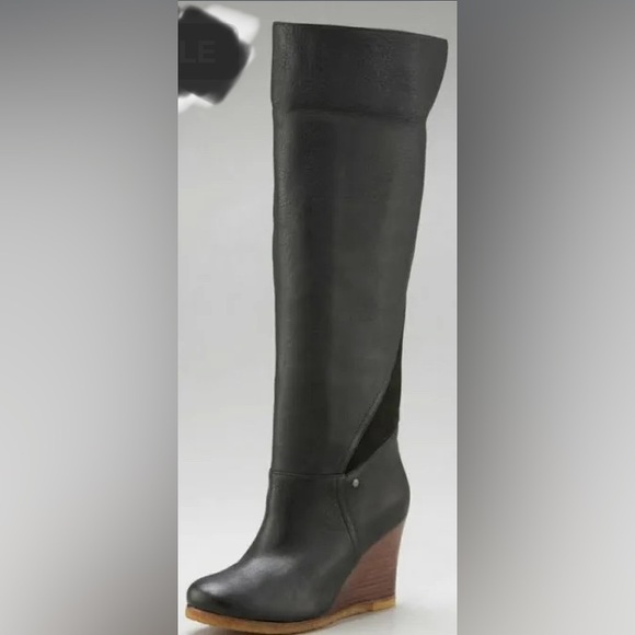 UGG Shoes - Ugg Ravenna Black Leather Tall Cuffed Wedge Boots size 8